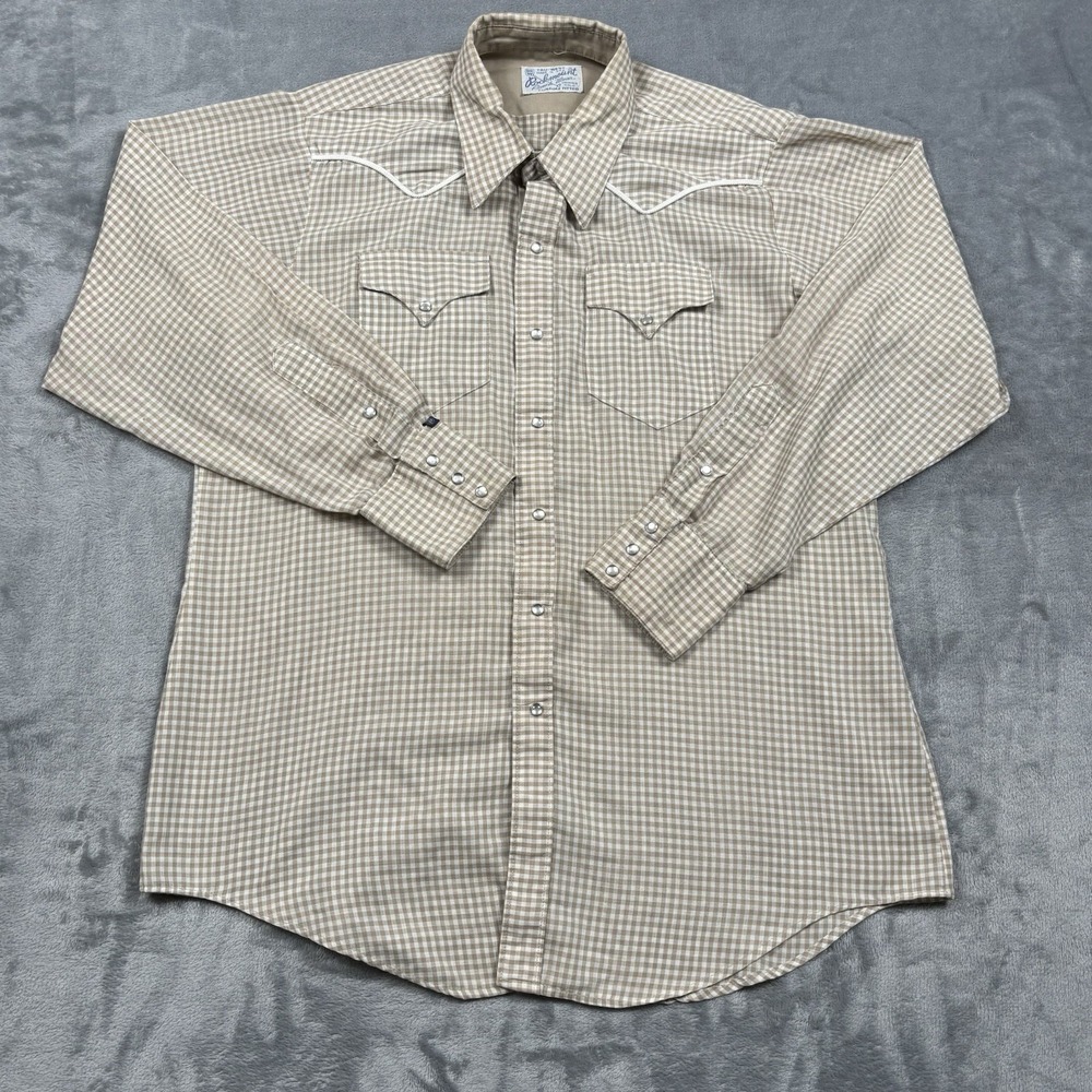 Rockmount Ranch Wear Brown Gingham Pearl Snap Shirt Mens Medium Vintage 1970s